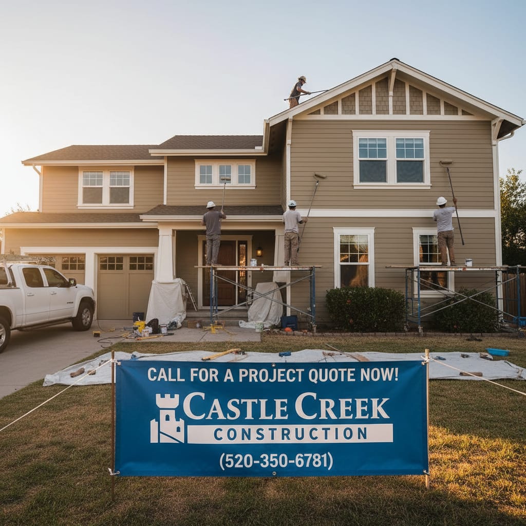 Exterior porch with restored wooden deck and repaired railing in soft afternoon light, showcasing craftsmanship and safety improvements.