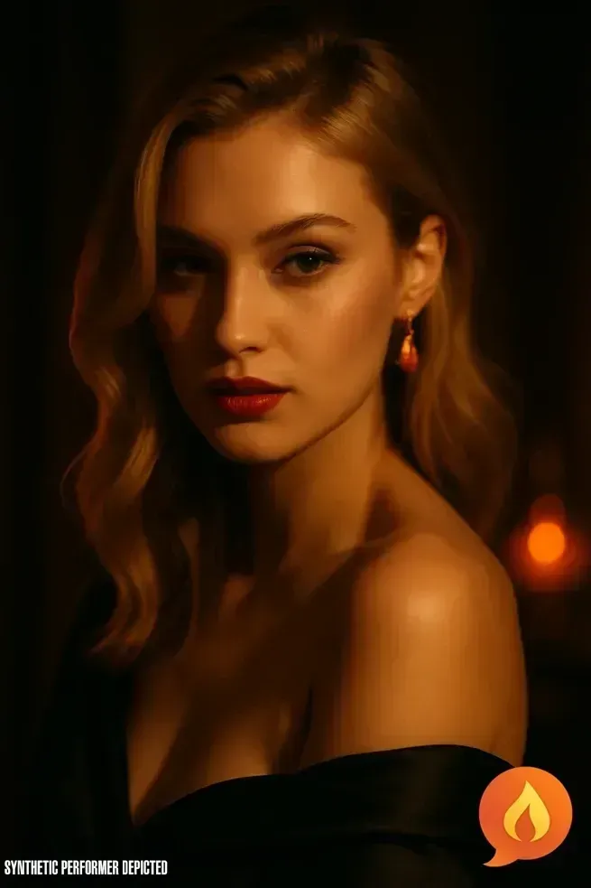 Portrait of an elegant woman in warm, low light, wearing a dark off-shoulder dress and subtle jewelry, looking calmly toward the camera. Synthetic performer depicted.