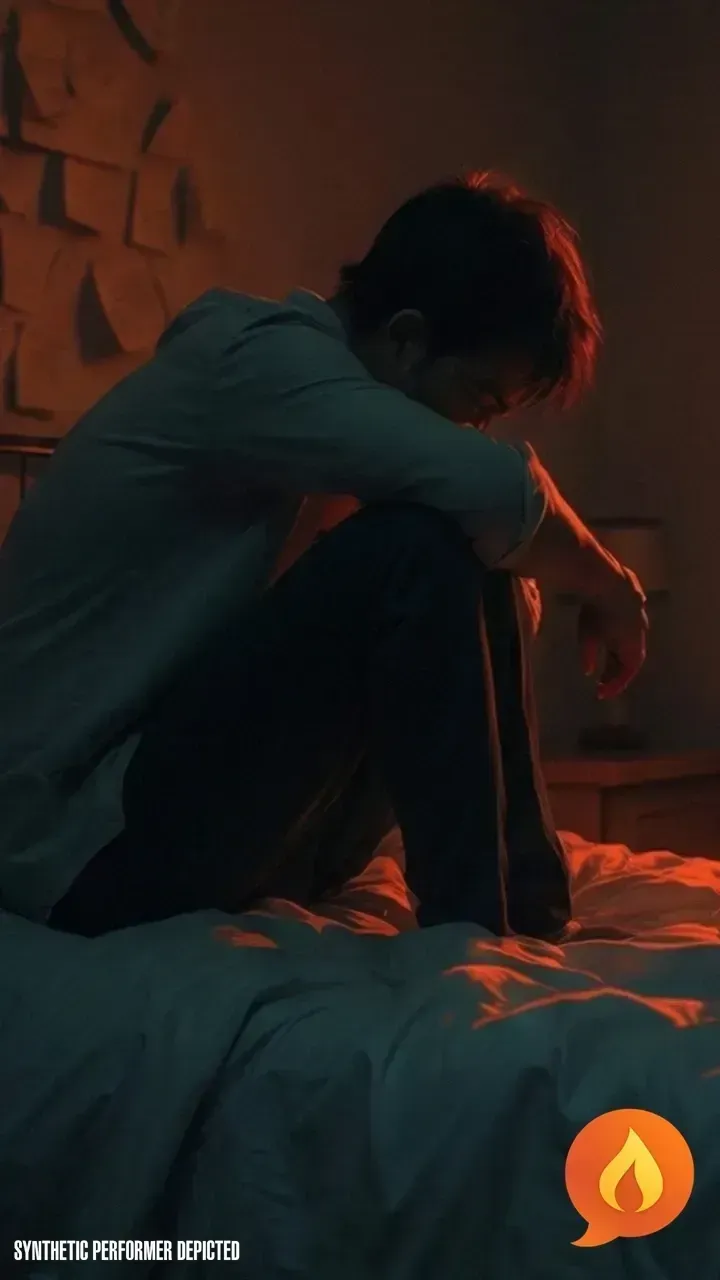 Man sitting on a bed in a dimly lit room, head down and arms resting on his knees, conveying loneliness and introspection. Synthetic performer depicted.