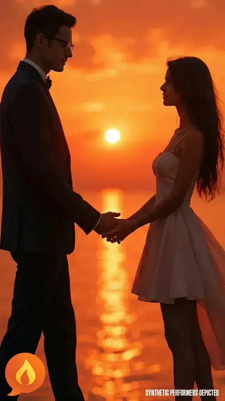 Couple standing face to face at sunset by the water, holding hands, silhouetted against an orange sky. Synthetic performers depicted.