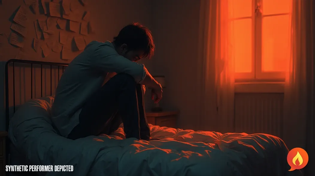 Man sitting on a bed in a dimly lit room, head down and arms resting on his knees, conveying loneliness and introspection.
