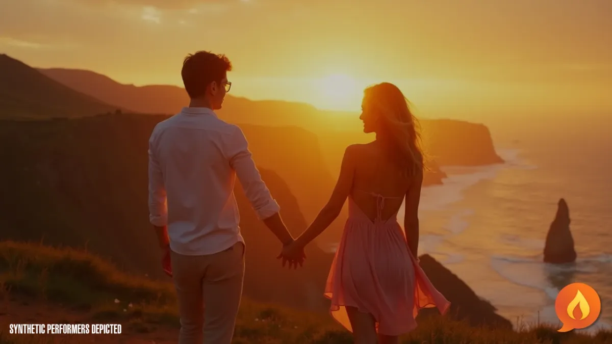 Couple standing side by side at sunset by the water, holding hands, silhouetted against an orange sky.