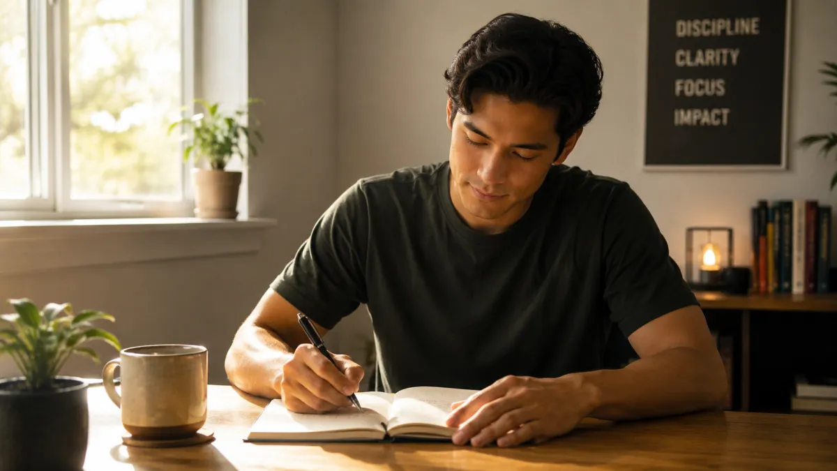 A young person at a clean desk with a journal open and a pen in hand. Natural window light, warm tones, relaxed but intentional posture. No phone, no laptop. The feel is quiet momentum, not hustle.