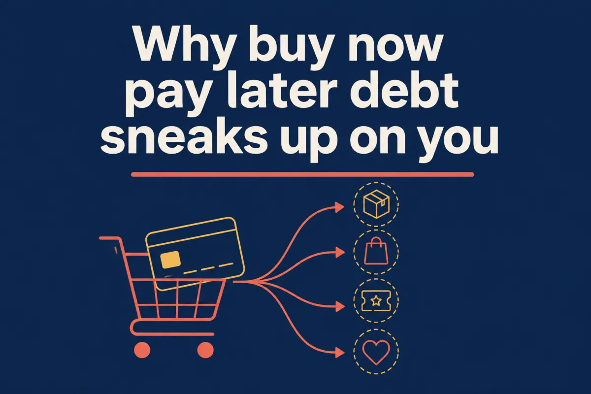 Deep navy background with a warm white headline reading why buy now pay later debt sneaks up on you, coral accent line beneath.