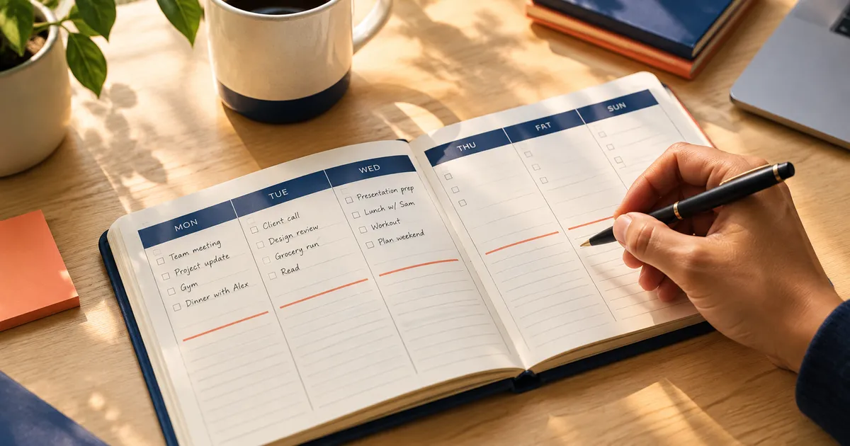Hand holding a pen over an open planner with three blank days in a row.