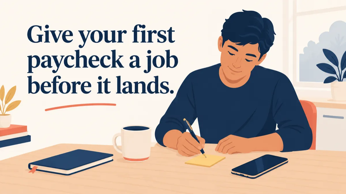 Young adult writing a three-line note at a kitchen table to plan their first paycheck. CAPTION: Three lines, five minutes, one clear job.