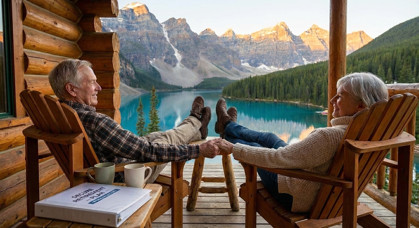 A smiling couple in their early 60s, sitting outdoors on a sunlit patio, reviewing retirement plans together with a tablet and paperwork. The background features lush greenery and a sense of calm, symbolizing financial security and happiness.
