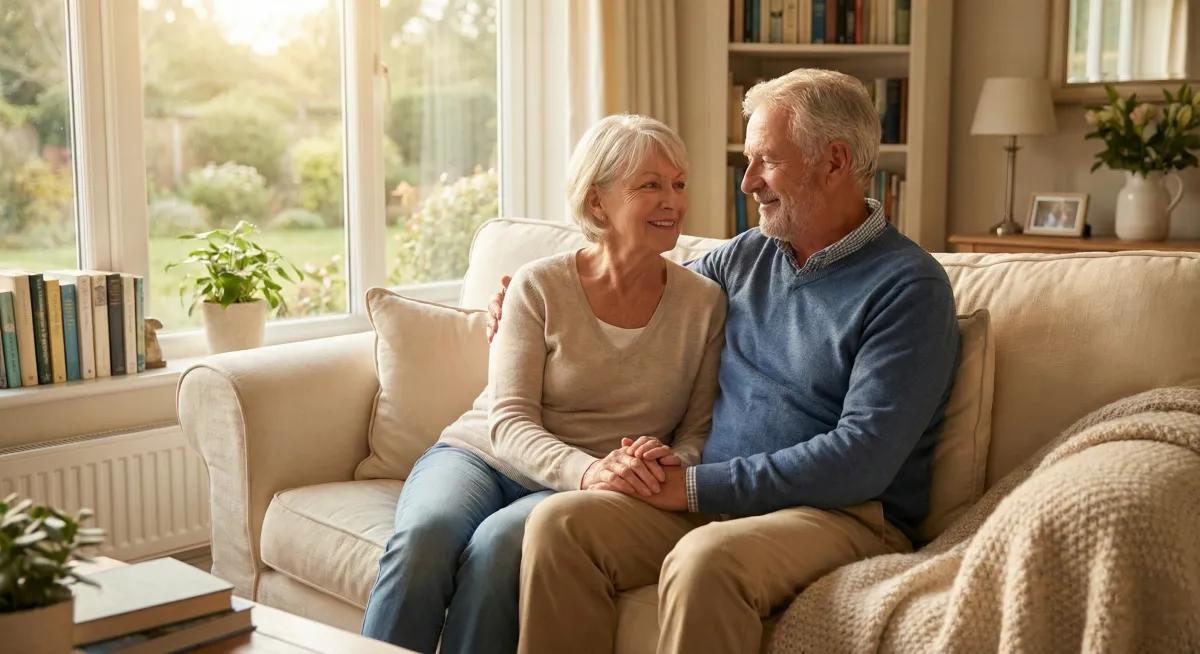 A diverse group of adults, ages 50-65, gathered in a bright, modern living room, attentively watching a laptop screen displaying a webinar. The setting is relaxed, with natural light and subtle financial charts on a wall. Everyone appears engaged and optimistic, representing various backgrounds and genders.