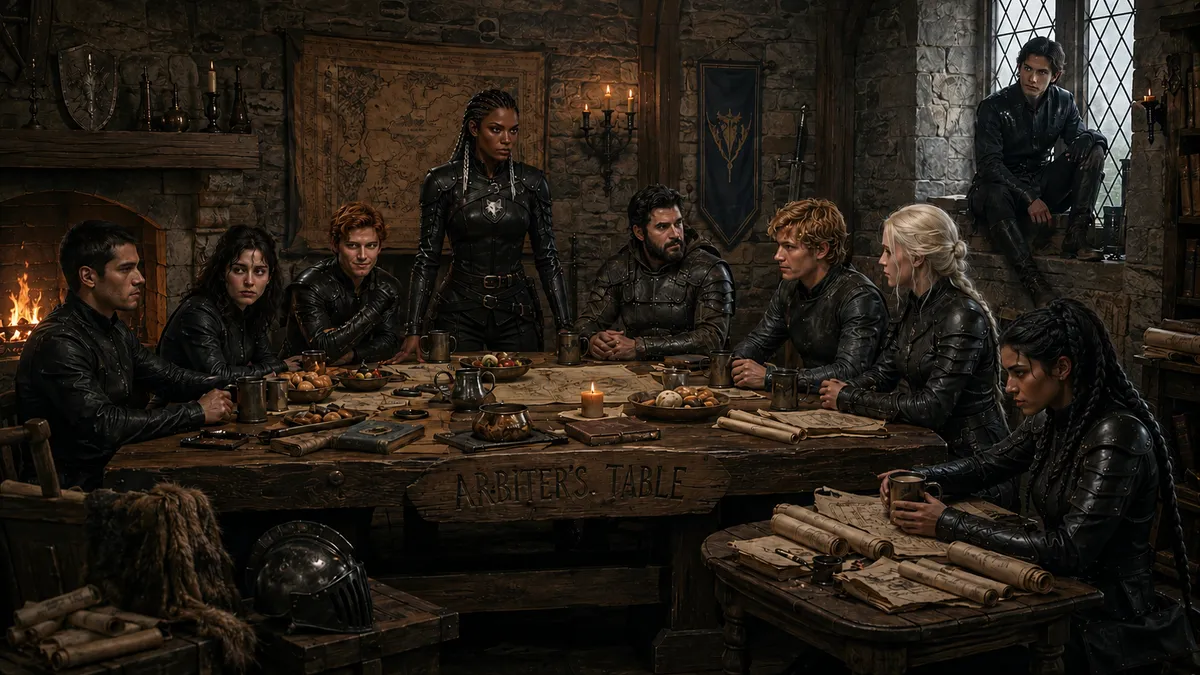 The Vanguard, nine recruits in black leather armor around a candlelit war-room table covered in maps and scrolls