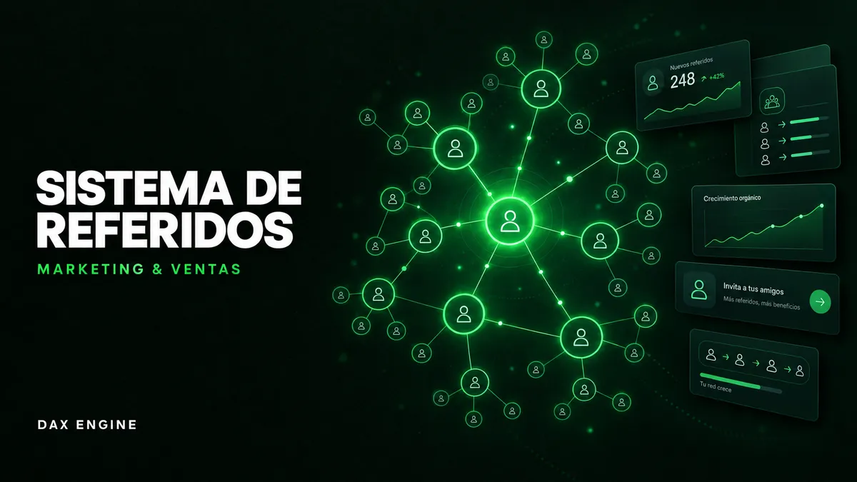 Esquema de sistema de referidos para academia online con nodos interconectados que representan crecimiento orgánico