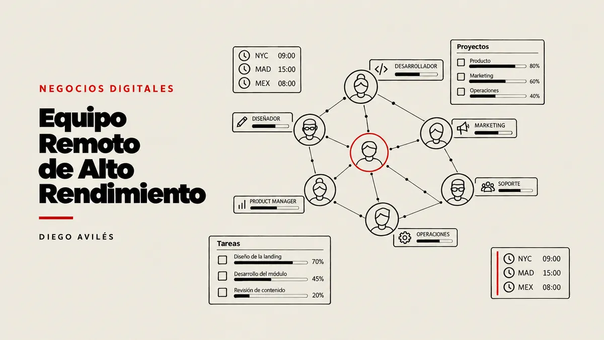 Diagrama de equipo remoto de alto rendimiento con nodos conectados representando roles en un negocio digital