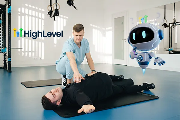 Man doing manual therapy on patient while GoHighLevel mascot watches