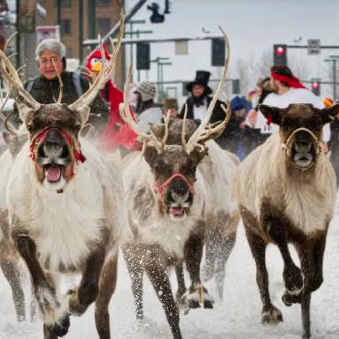 Reindeer running through snow with participants in winter attire during the Fur Rondy festival in Alaska.