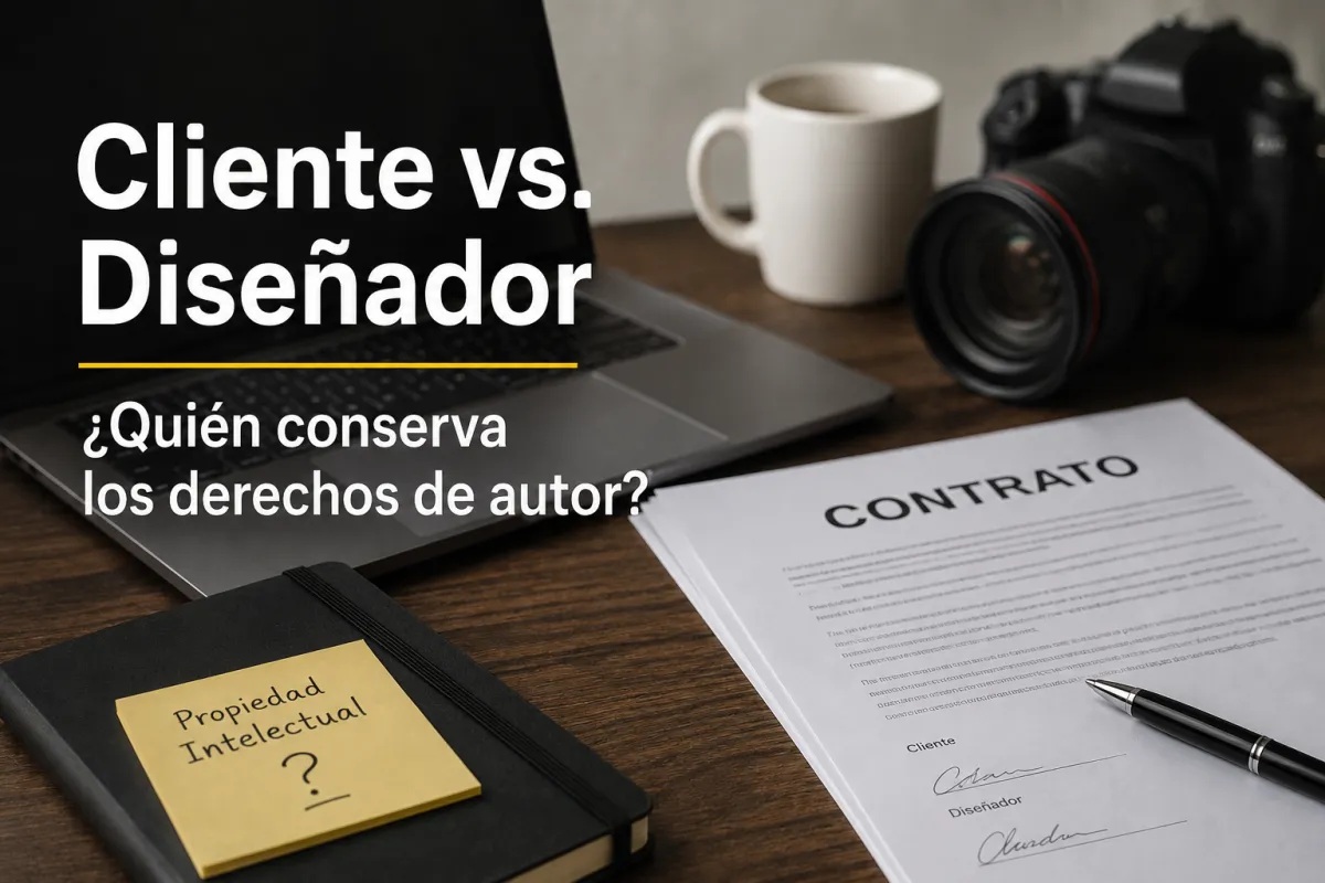 Fotografía de escritorio profesional con una computadora portátil, una cámara fotográfica, una taza de café y un contrato firmado sobre una mesa de madera. Sobre la imagen aparece el texto “Cliente vs. Diseñador: ¿Quién conserva los derechos de autor?”. La escena representa una disputa común sobre la propiedad del copyright en proyectos creativos, diseño gráfico, fotografía y trabajos freelance, destacando la importancia de los contratos y las cesiones de derechos de autor en Estados Unidos.