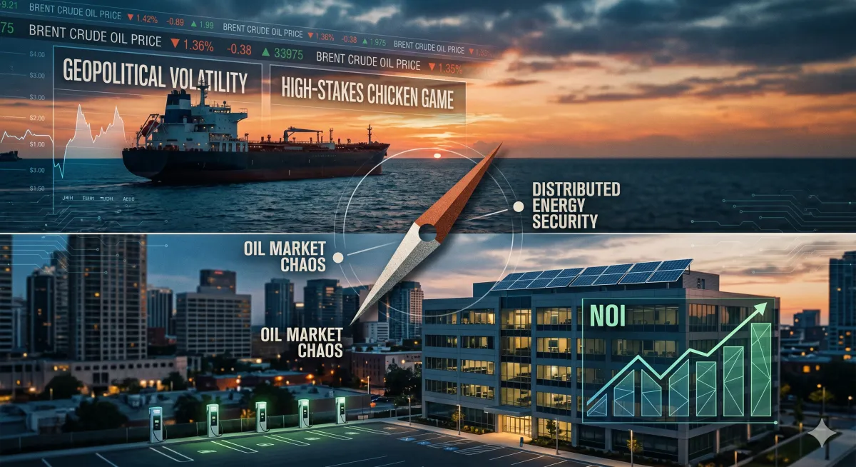 A conceptual split-screen image showing a naval oil tanker in a sunset harbor with digital Brent crude oil price tickers, contrasted with a modern commercial office building featuring rooftop solar panels and a parking lot with EV charging stations. A central compass needle points toward "Distributed Energy Security," with a rising green "NOI" (Net Operating Income) growth chart overlaid on the building.