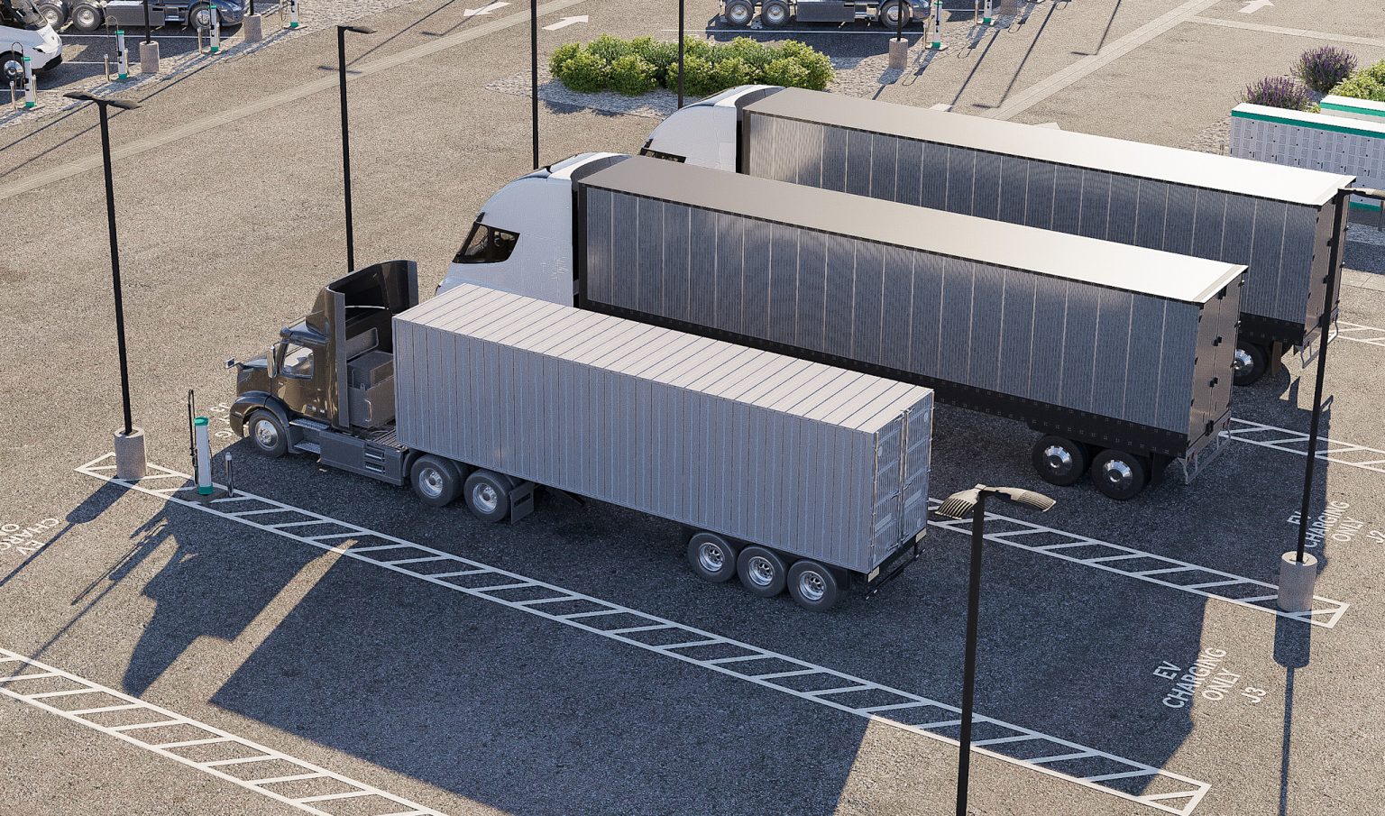 EV Realty 76-port truck charging hub at 9 MW capacity in San Bernardino California Inland Empire freight corridor