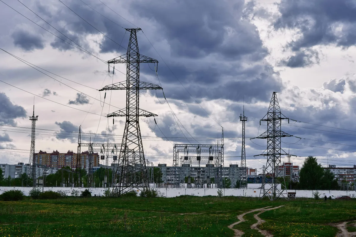 A substation with data center buildings behind it