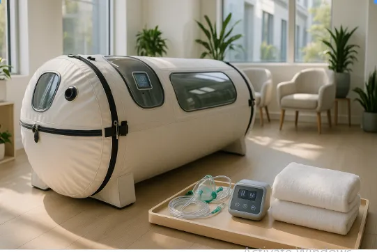 Modern wellness clinic interior with a portable hyperbaric oxygen therapy chamber, medical instruments, oxygen masks, digital control unit, spa towel, soft chairs, and indoor plants, filled with natural light for an inviting, clinical, and luxurious atmosphere.