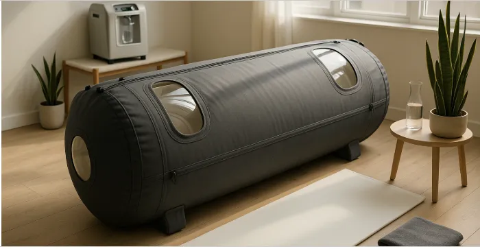 Portable hyperbaric chamber in a modern home wellness space, centered on a pale oak floor with minimalist décor, natural light, an oxygen concentrator on a bench, and wellness items like a yoga mat, towel, and plant, highlighting home recovery and comfort.