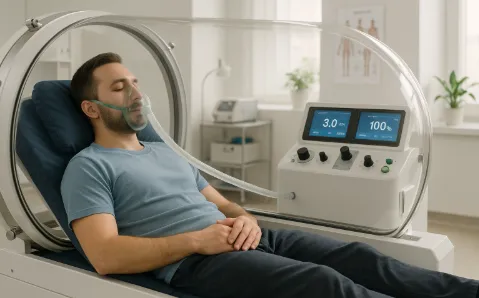A person lies relaxed inside a modern oxygen hyperbaric chamber at a wellness clinic, wearing an oxygen mask on a padded cot. The well-lit chamber features glowing control screens, clean medical equipment, posters, and calming surroundings visible through a clear hatch.