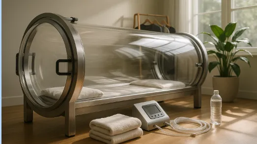 A bright home wellness room features a transparent hyperbaric chamber, brushed aluminum accents, a control panel, towels, and an oxygen tube. Natural sunlight highlights subtle fingerprints and textures on surfaces. Background includes activewear, a water bottle, and a potted plant, creating a relaxed, spa-like atmosphere.