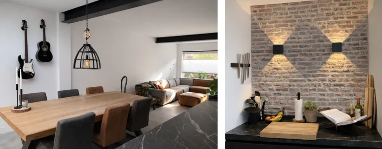 Sfeervol interieur tuinkantoor met open haard en glazen schuifwanden