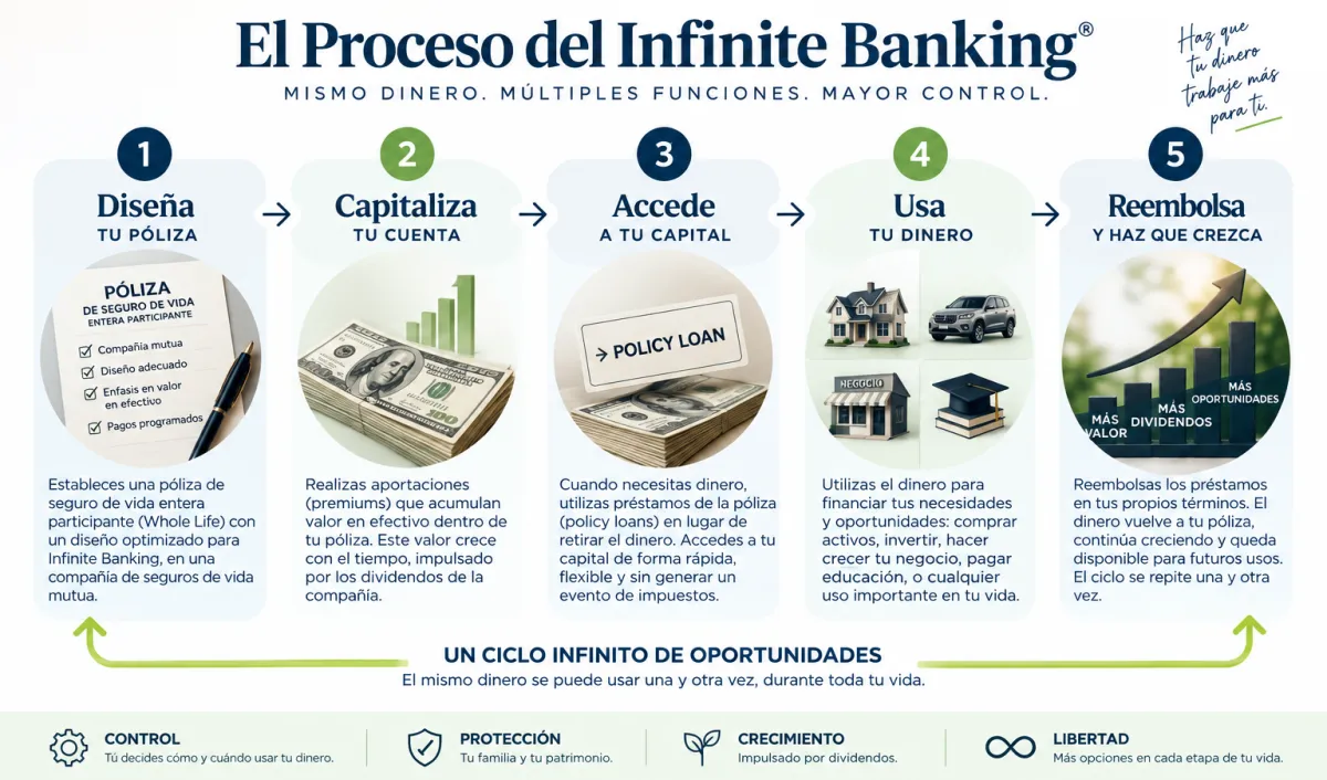 Proceso de Infinite Banking en español: póliza Whole Life participante, acumulación de valor en efectivo, policy loans, uso del capital y reembolso para continuar el ciclo IBC.
