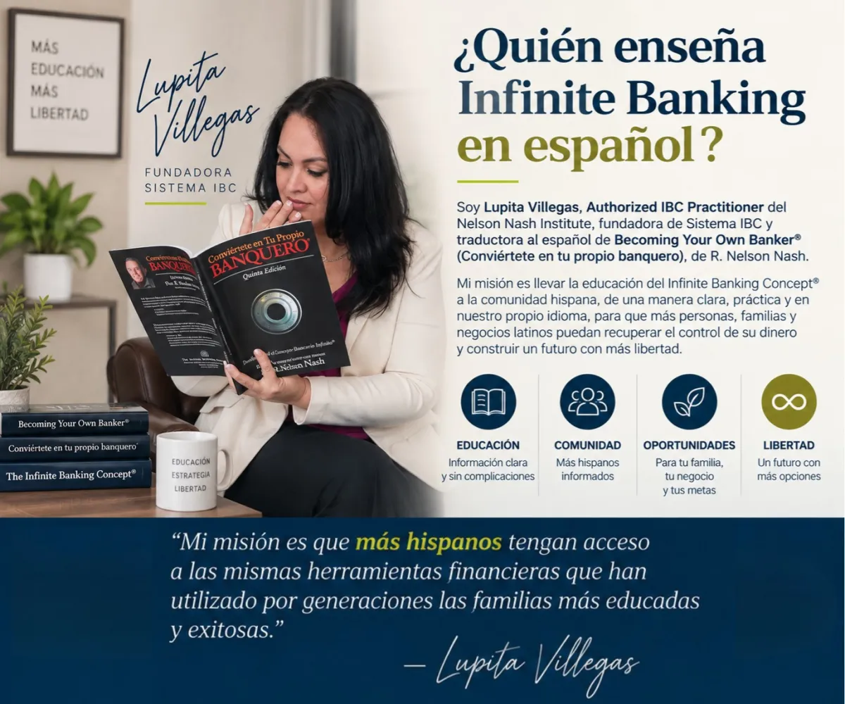 Lupita Villegas, Authorized IBC Practitioner del Nelson Nash Institute, enseñando Infinite Banking en español, también conocido como Banco Infinito o Banca Infinita, y traductora de Becoming Your Own Banker al español.