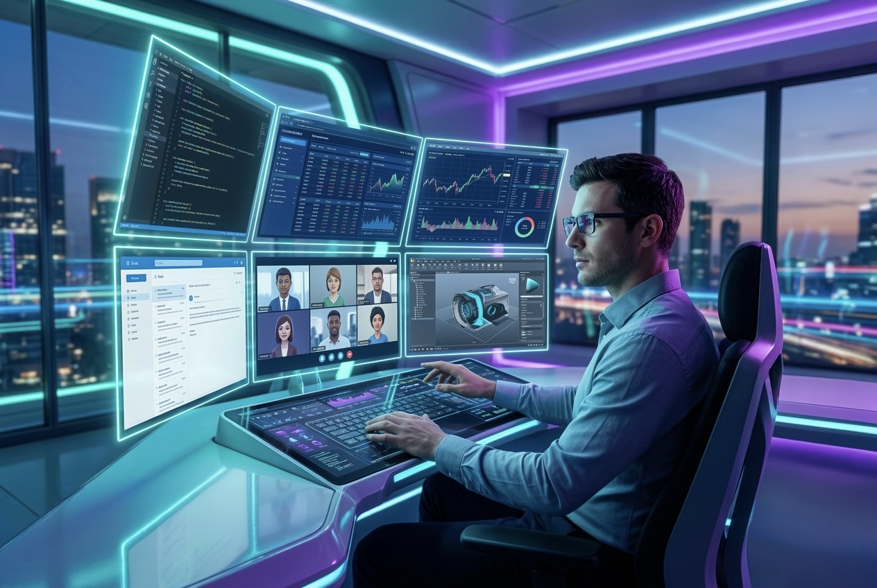 Futuristic man working at his compueter