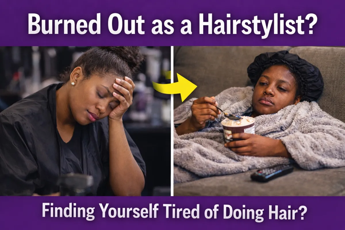 Split image of Black hairstylist exhausted in salon and recovering at home