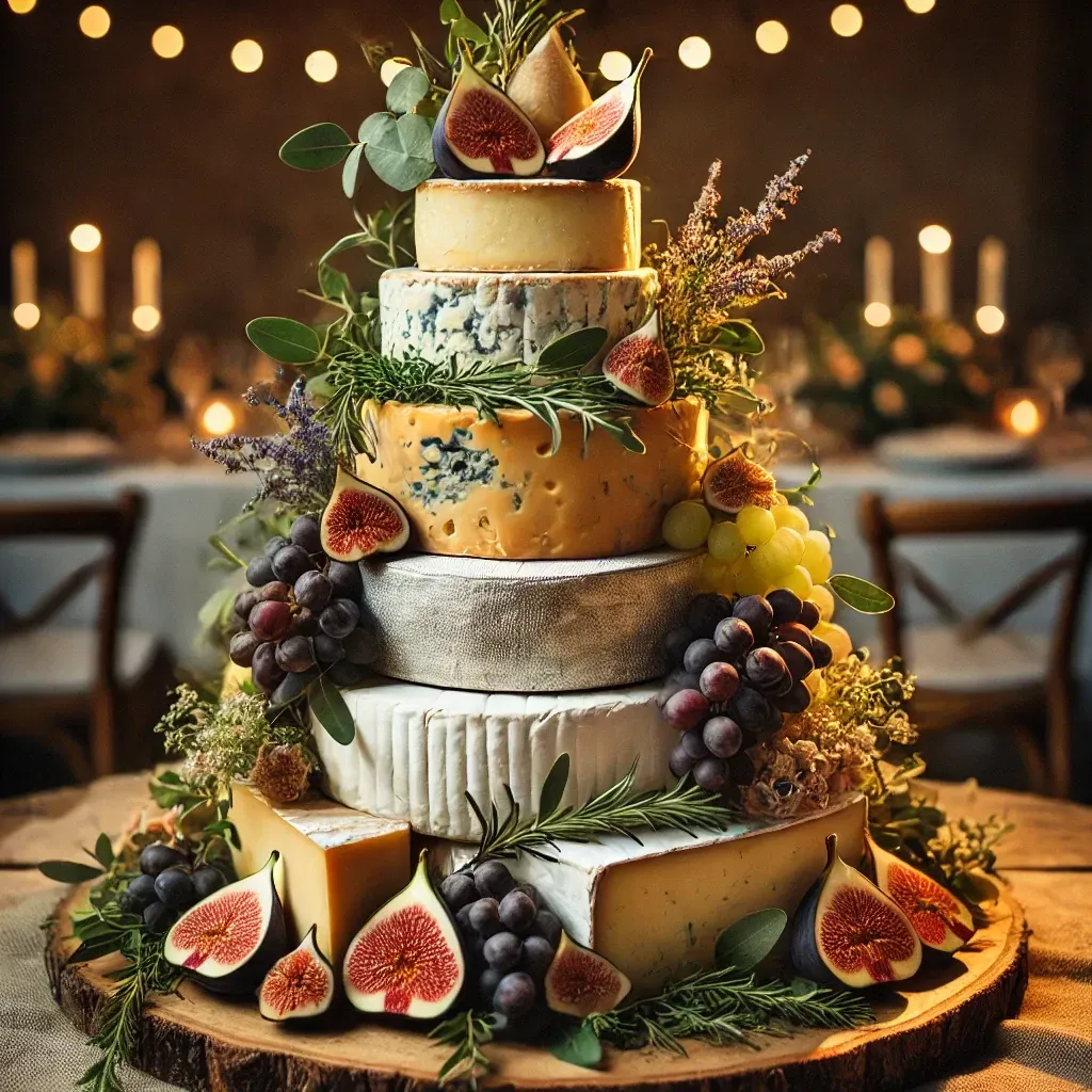 Cheese rounds stacked to make a wedding cake