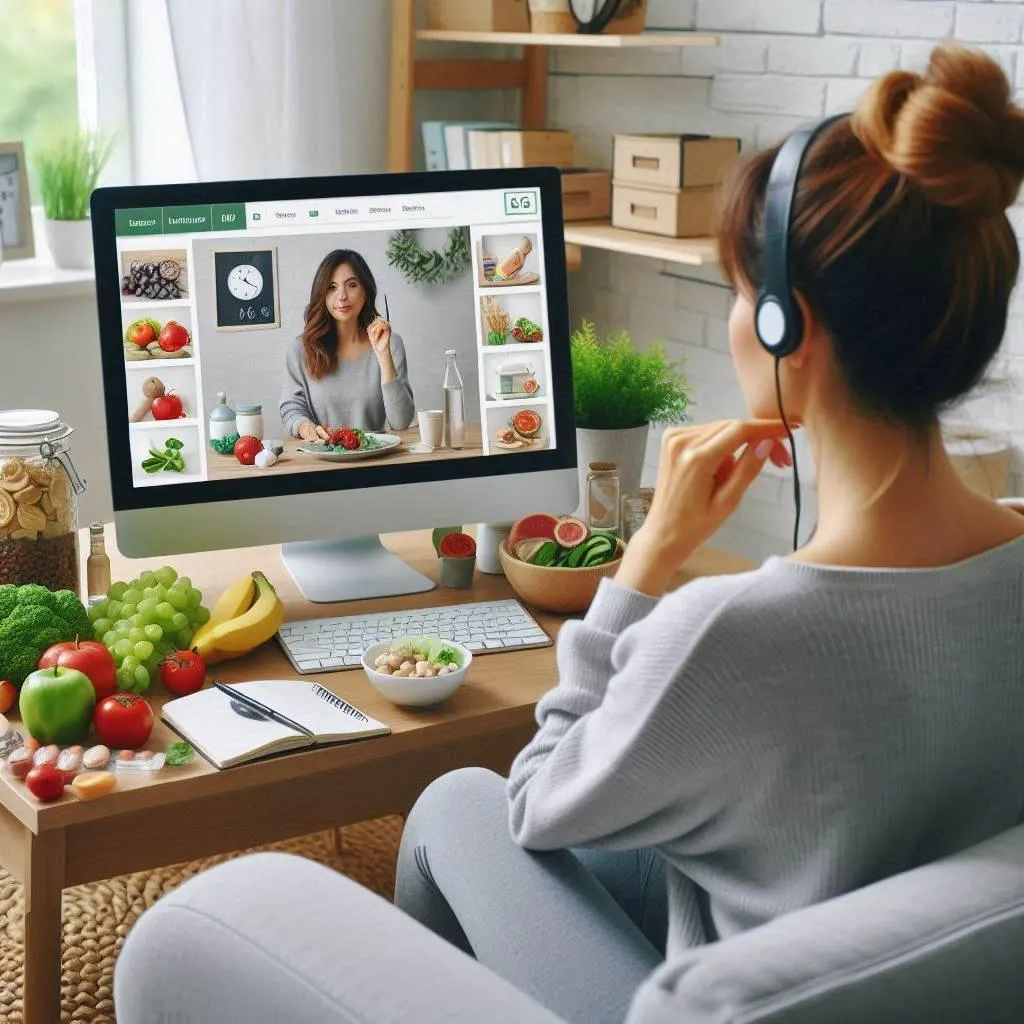 A caucasian woman attending an online webinar to learn about living a healthy lifestyle