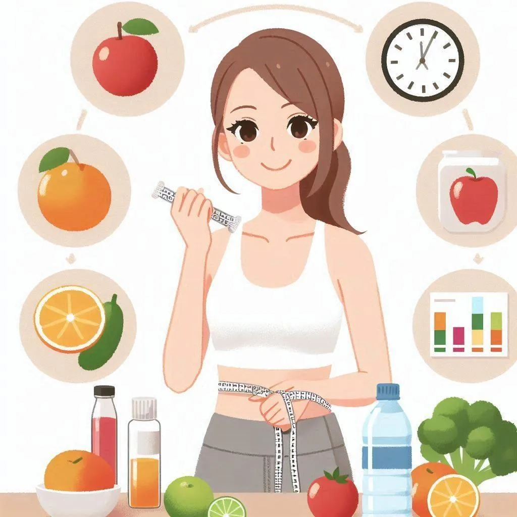 A brunette woman implementing healthy lifestyle habits by exercising and eating fruits and vegetables