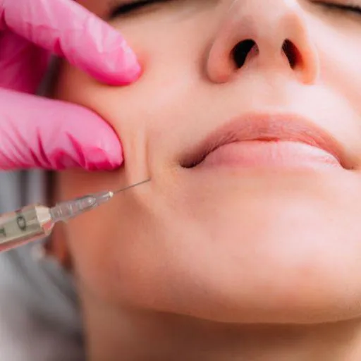A close-up of a person receiving a dermal filler injection on their face by a professional wearing pink gloves.