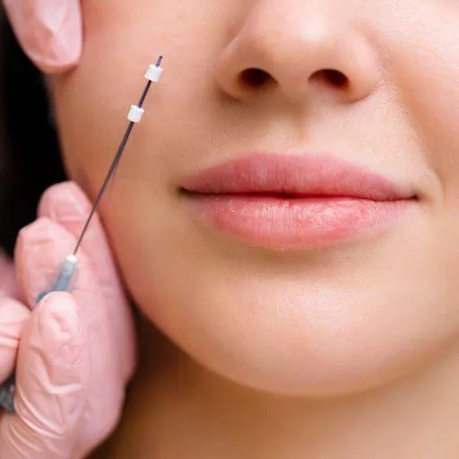 A close-up of a person receiving a PDO thread lift procedure on their face by a professional wearing gloves.
