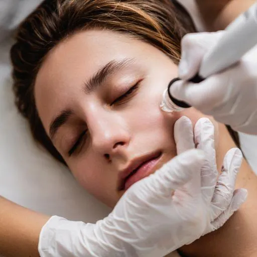 A professional using a microdermabrasion device on a client's face in a clinical environment for hydrafacial.