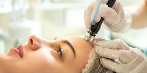 A professional performing a microdermabrasion treatment on a client's forehead in a clinical setting.