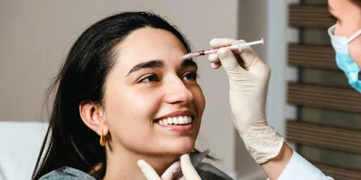 A professional administering an injection on a smiling client's forehead in a clinical setting.