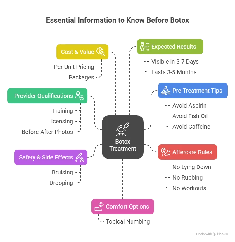 Infographic showing key information to know before Botox treatment, including provider qualifications, safety, costs, preparation, aftercare, comfort, and expected results.