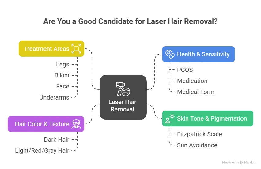 Infographic showing laser hair removal candidacy factors including treatment areas, hair color and texture, skin tone and pigmentation, and health and sensitivity.