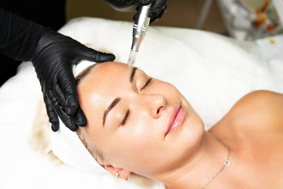 Aesthetician performing microneedling on a relaxed woman’s forehead using a dermapen device during a professional skincare session.