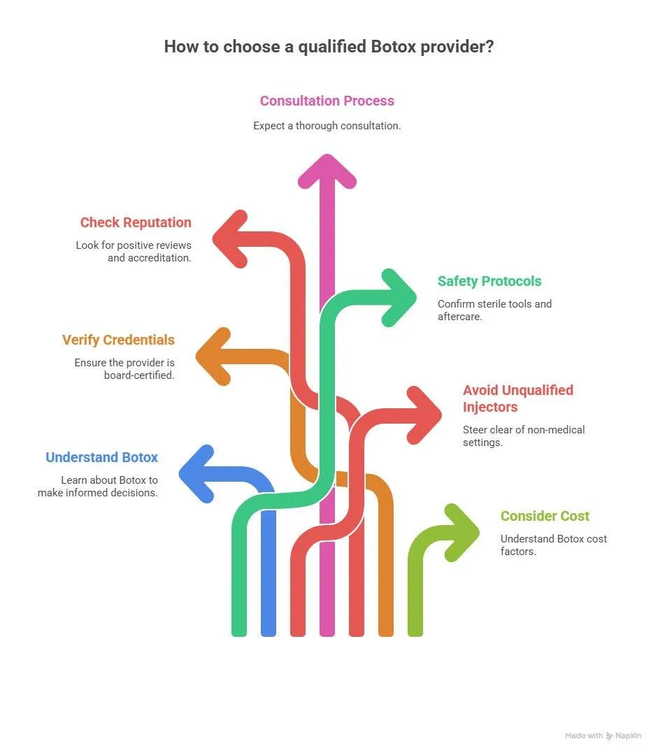 Infographic showing key steps to choose a qualified Botox provider, including consultation, credentials, safety protocols, reputation, cost, and avoiding unqualified injectors.