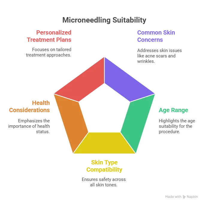 Infographic showing microneedling suitability based on skin concerns, age range, skin type compatibility, health status, and personalized treatment plans.
