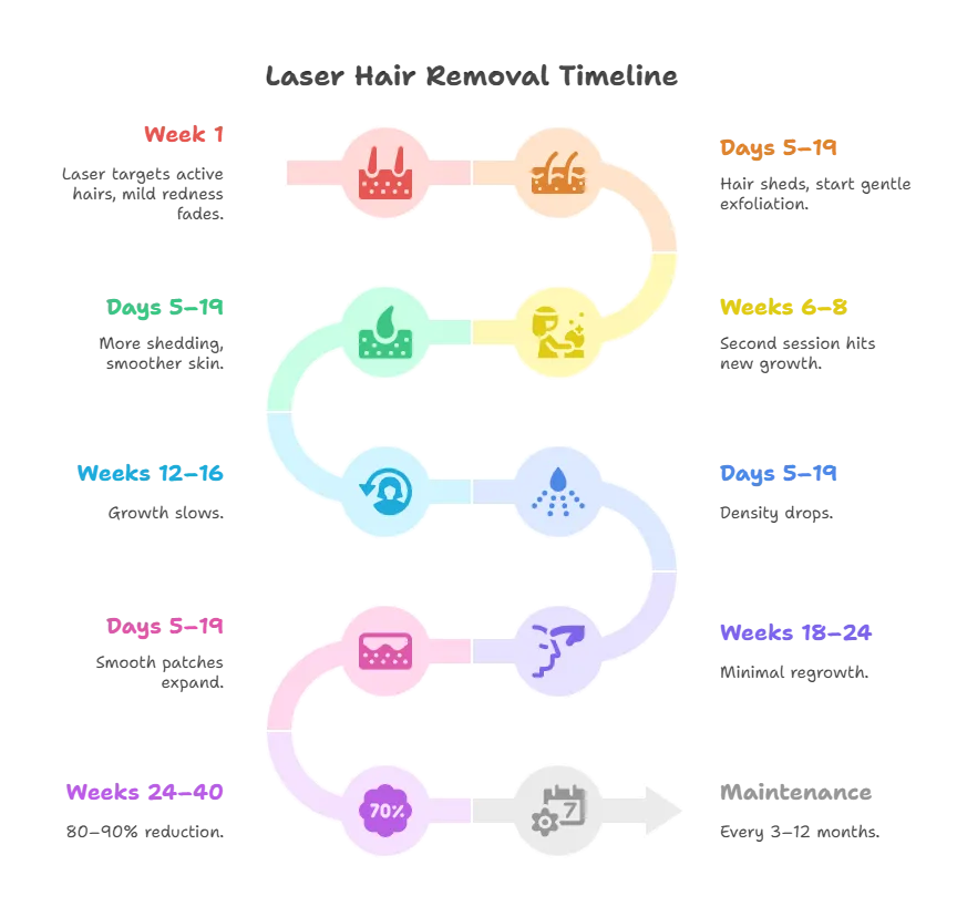 Infographic showing a 10-step laser hair removal timeline from week 1 to maintenance with colorful icons and short descriptive notes.