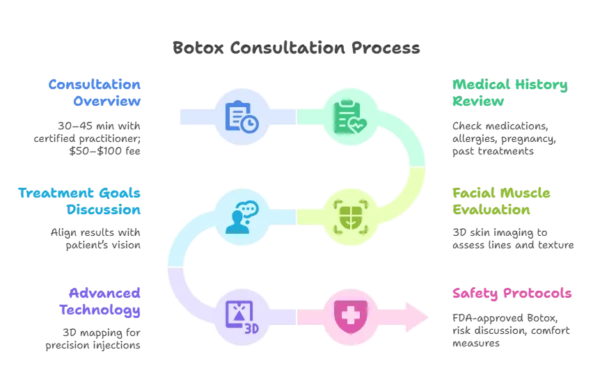 Infographic outlining the Botox consultation process with six steps, including overview, medical history, goals, technology, and safety.