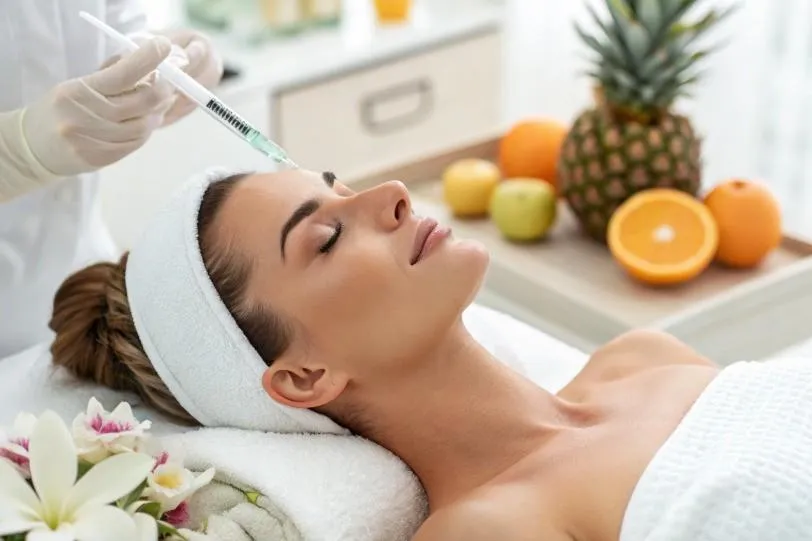 Woman receiving Botox injection with focus on skincare and beauty tips to prevent bruising after dermal fillers..