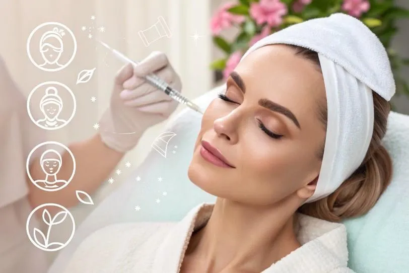 Woman receiving cosmetic injection with guide icons explaining the difference between Botox for wrinkles and dermal fillers.