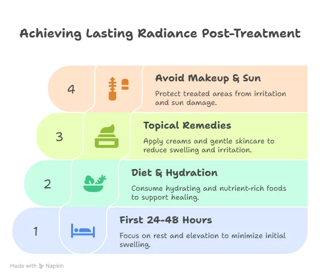 Infographic showing post-treatment care tips for Botox and dermal fillers, including rest in the first 24–48 hours, diet and hydration with vitamin-rich foods, topical remedies like Arnica and Vitamin K, and avoiding makeup and sun exposure.