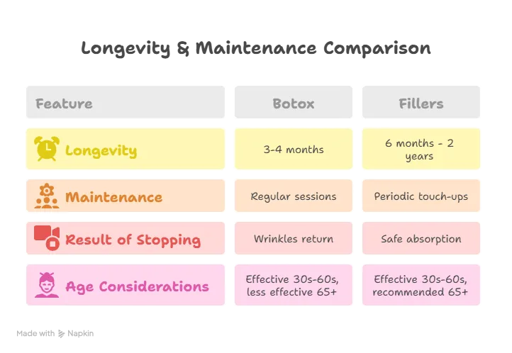 Infographic comparing Botox and dermal fillers for longevity and maintenance. Botox lasts 3–4 months with regular sessions; stopping leads to wrinkle return. Fillers last 6 months to 2 years with periodic touch-ups; stopping results in safe absorption. Age considerations: effective in 30s–60s, with fillers recommended for 65+ while Botox is less effective.