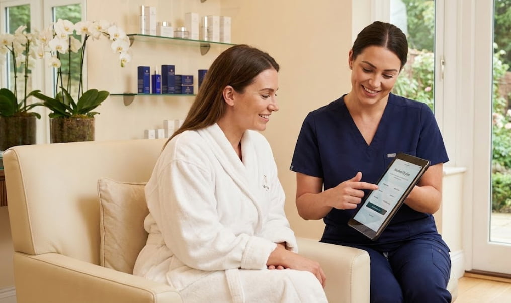 Client consulting with a skincare provider before a HydraFacial treatment in a modern med spa setting.